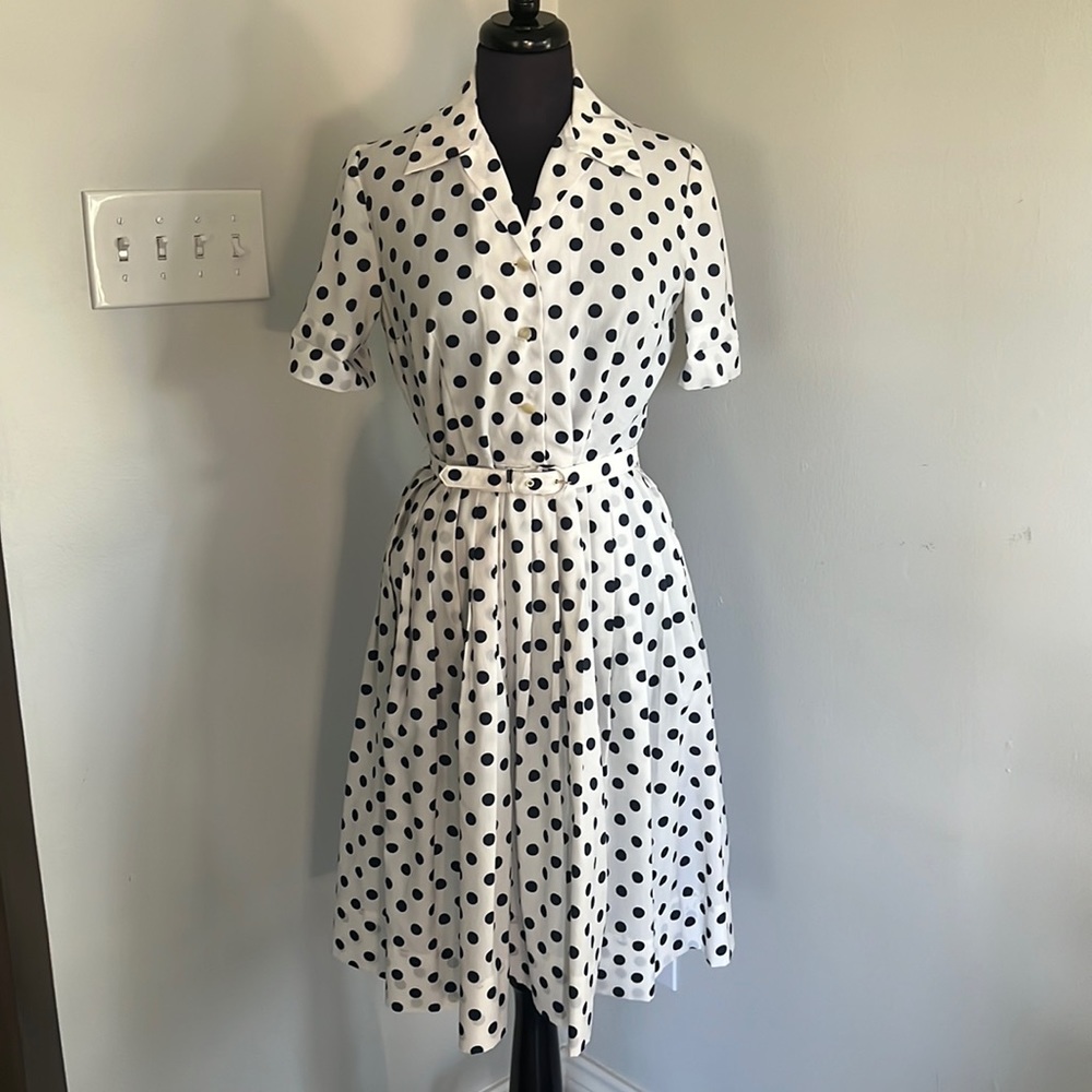 Vintage White and Navy Polka Dot Fit-and-Flare Dress